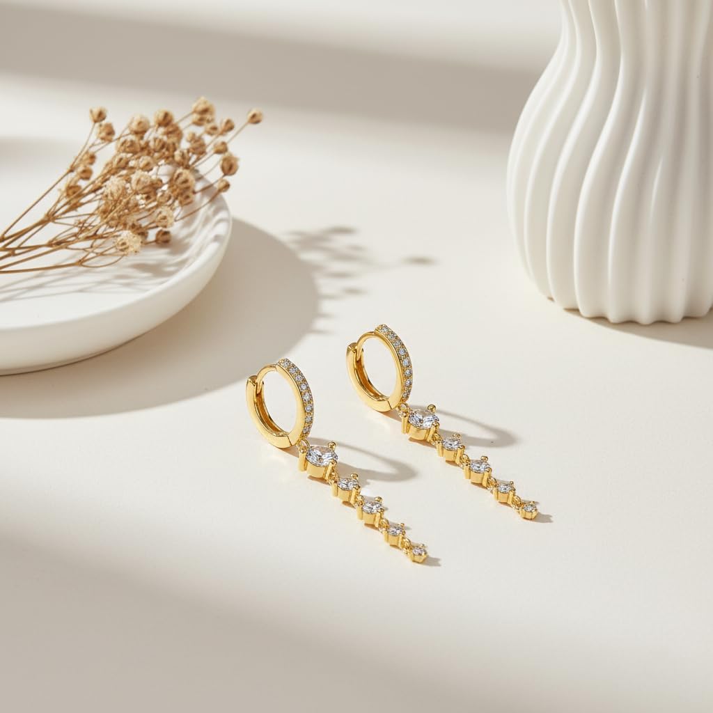 ZRU Gold Dangle Hoop Earrings for Women, Trendy 14K Gold Plated Huggie Hoops with Long Cubic Zirconia Drop, Hypoallergenic Long Drop Earrings Round CZ Hanging Jewelry Gifts for Her - Image 6