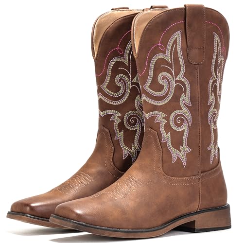 Image of IUV Cowboy Boots For Women Square Toe Cowgirl Wide Mid Calf Western Boots | Comfortable, Pull-on, Colorful Embroidered, Vintage-modern, Stylish for Daily Life and Outdoor Adventures.