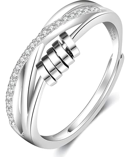 PABBEU Anxiety Ring for Women 925 Sterling Silver Fidget Ring With Cubic Zircon Adjustable Stress Spinner Anxiety Ring for Women
