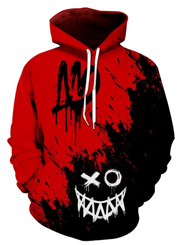 FLNEOO Mens Graphic Hoodies Pullover 3D Print with Pockets, Unisex Anime Black Red Hoodie Sweatshirt for Teen Boys