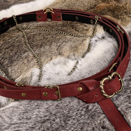 Image of HiiFeuer Medieval DIY Faux Leather Metal Chain Belt, Vintage Adjustable Thin Belt For Women, Retro Skinny Belt For Dresses (Red A)