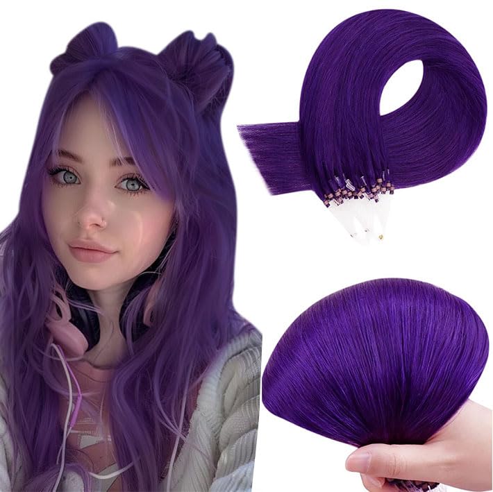 RUNATURE Micro Beads Hair Extensions Purple Micro Ring Hair Extensions Real Human Hair Purple Micro loop Hair Extensions 22 Inch 25gram