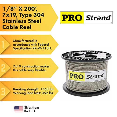Pro Strand 1/8" X 200', 7X19, Type 304 Stainless Steel Cable Reel #TOP4