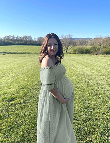 Abkylie Maternity Dress For Baby Shower Maternity Dress Summer Maternity Dress Casual Maternity Dress For Photoshoot Summer Square Neck Puff Sleeve Maternity Dress Maternity Summer Dress (Green M) #TOP1