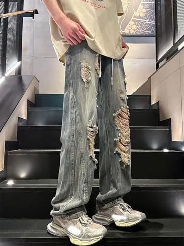 Man Wide Leg Trousers Cowboy Pants Ripped with Holes Torn Broken Aesthetic Stacked Jeans2