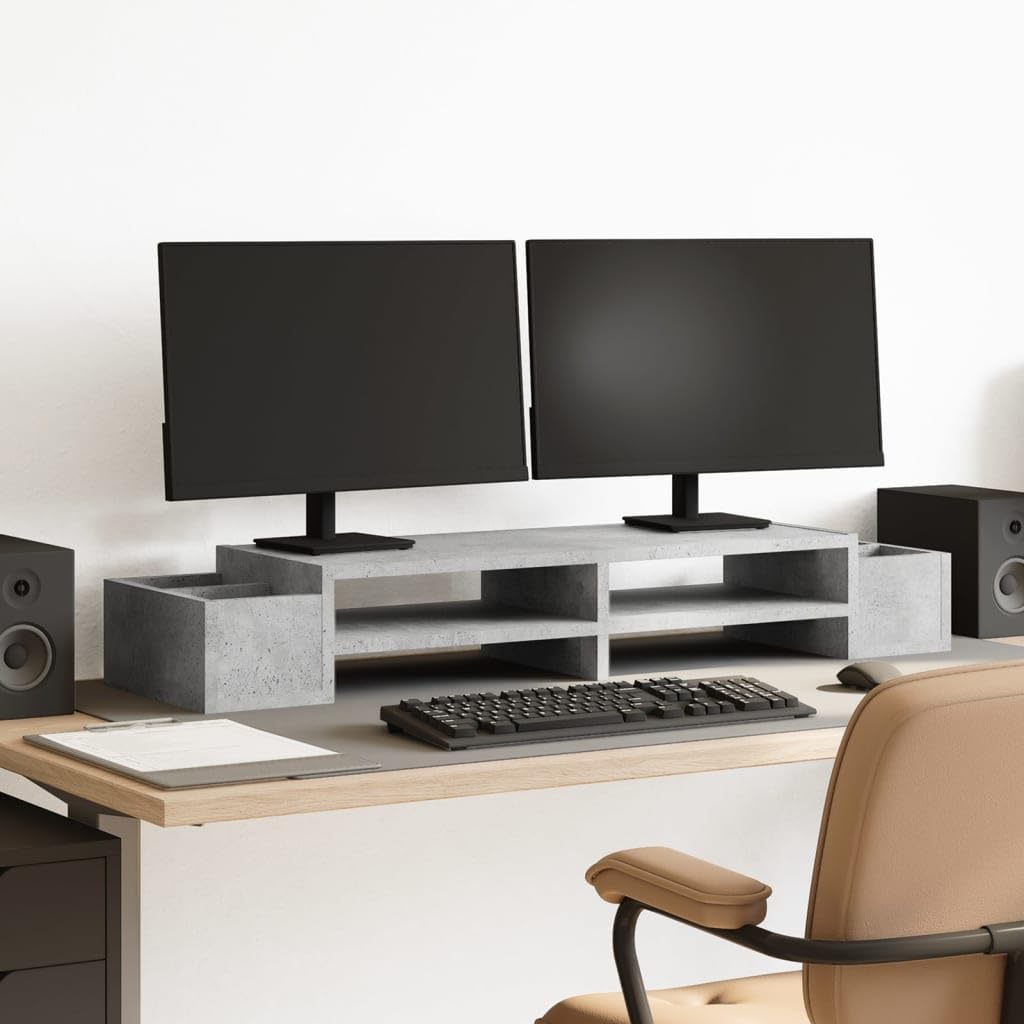 Supporto per monitor con vano portaoggetti, in legno grigio cemento, 100 x 27 x 15 cm, autoportante, 4 scomparti, per scrivania, ufficio, home office, gaming station, archiviazione ergonomica