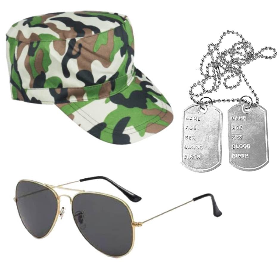 FNA FASHIONS Army glasses Camouflage Hat Dog Tag Soldier Force Style Set Fancy Dress Costume (1), Green, Eén maat