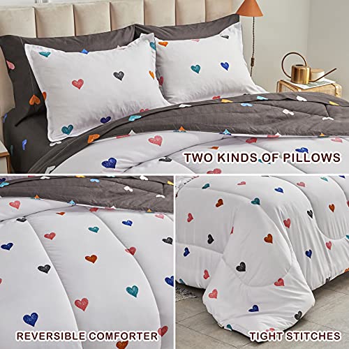 Joyreap 7 Piece Queen Size Bed In A Bag, Colorful Heart Black N White Design, Soft Microfiber Comforter Set For Kids Girls (1 Comforter, 2 Pillow Shams, 1 Flat Sheet, 1 Fitted Sheet, 2 Pillowcases) #TOP4