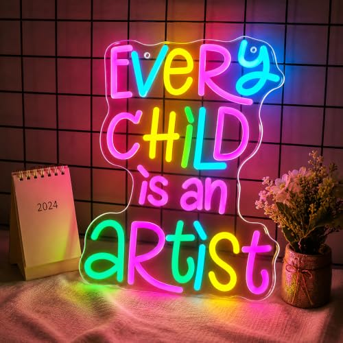 Image of Every Child Is an Artist Neon Sign for Classroom Decor - Colorful LED Neon Light with Dimmable Switch, USB Powered Wall Art for School Library, Playroom, Kids Study Room, Great Teacher Appreciation Gift