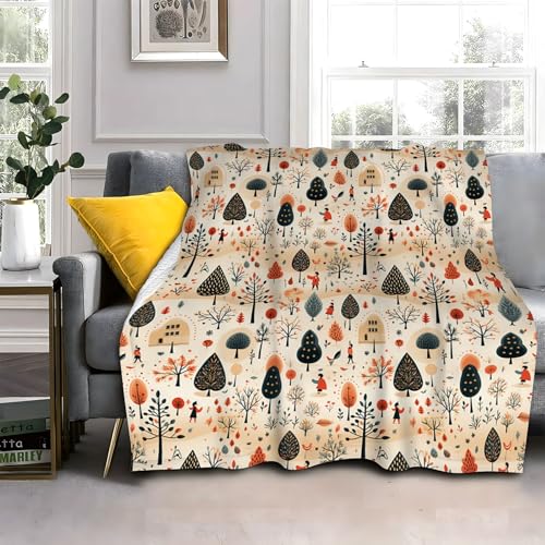 毛布 シングル オレンジグリーンの木 ひざ掛け 保温性 ふんわり やわらか 暖かい リバーシブル 抗菌防臭 静電気防止加工 洗える ソファー ベッド 車用 四季適用 140x200cm 植物 AQ5