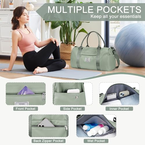 Gym Bags for Women Men with Shoes Compartment,Sports Duffle Bags Personal item travel Duffel Tote Bag Small Carry on Weekender Overnight Bag Workout Dance Bags Hospital Holdalls Grey Green4