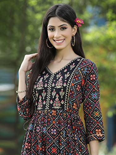 Image of Juniper Women's Rayon Festive Printed Flared Kurta for Women