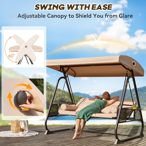 Image of 3 in 1 Outdoor Porch Swing with Adjustable Canopy, 3 Seat Outdoor Swing for Adults, Patio Swing Chair with Thickened Cushions,Pillows & Cup Holders for Backyard, Porch, Garden (Khaki)