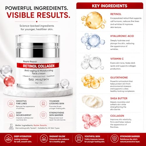 Image of Collagen + Retinol + Hyaluronic Cream with Vitamin C & Glutathione | Daily Lightweight Anti-Aging Moisturizer for Face & Neck - 50 gm / 1.7 fl oz