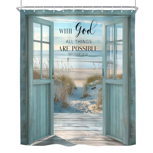 Riyidecor Beach Bible Verse Shower Curtain Blue Barn Door Inspirational Quotes Coastal Ocean Rustic Scenery Farmhouse Wood 60Wx72H Inch Nature Fabric Decor Bathroom Polyester Waterproof 12 Pack Hooks - Image 7