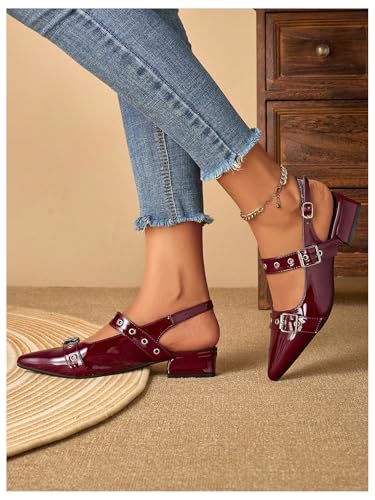 SHENHE Women's Slingback Flats Low Heels Pointed Toe Patent Leather Rivets Dress Pump Shoes3