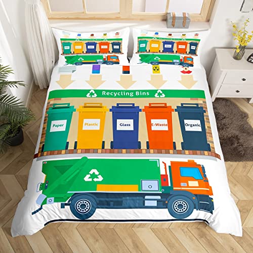 Recycling Trash Truck Duvet Cover Double Size Creen Garbage Truck Comforter Cover For Kids Boys Girls Teens Colorful Recycling Bins Bedding Set Waste Man Gement Themed Bedspread Cover 3 Pieces