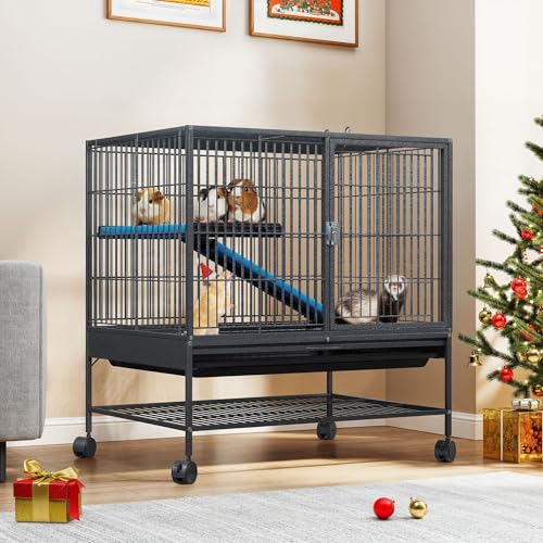 DWVO 2-Tiers Small Animal Cage with Wheels, Indoor Critter Nation Cage for Ferrets, Chinchillas, Guinea Pigs, Large Hamsters, Rabbits, Hedgehogs 32"L x 22"W x 33"H