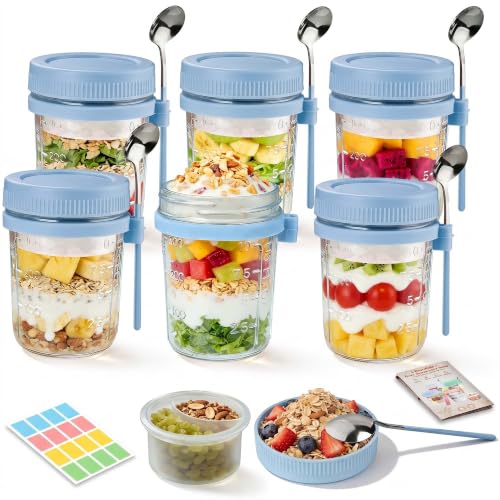 Image of 6 Pack Blue Overnight Oats Containers with Lids and Spoon, 16 oz Glass Mason Jars with Dressing Cup, Leakproof Chia PYogurt Parfait Cups for Oatmeal Meal Prep, Sugar Packet Holders