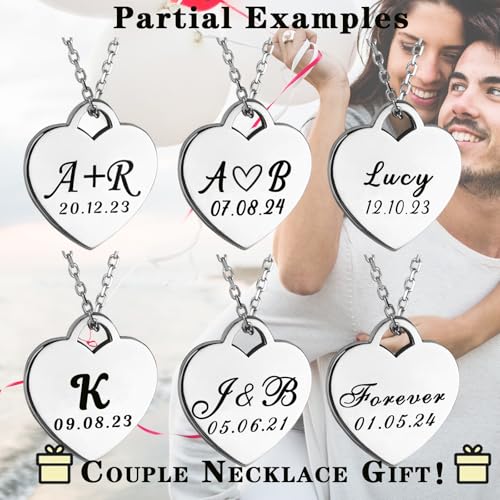 Personalized Couple Name Initial Date Engraved Necklace for Women, Custom Dainty Name Letter Anniversary Necklace for Couple, Customized Jewelry Heart Pendant Necklace Christmas Mother's Day Gifts.2