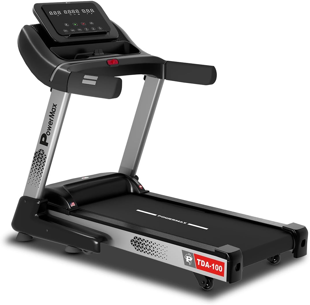 PowerMax Fitness TDA-100 5HP Motorised Auto Incline Treadmill for Home Use, Max User Wt. 130KG, Top Speed 12kmph, Speaker, LED display, ipad holder, foldable running machine for cardio exercise