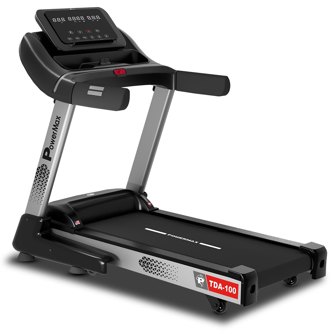 PowerMax Fitness TDA-100 5HP Motorised Auto Incline Treadmill for Home Use, Max User Wt. 130KG, Top Speed 12kmph, Speaker, LED display, ipad holder, foldable running machine for cardio exercise