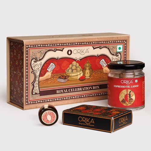 Image of Royal Celebration Gift Box | Luxury Indian Gift Hamper with Kashmiri Pampore Saffron 0.25g, Espresso Till Laddoo 70g & Premium Playing Card Deck | Festive, Diwali & Wedding Gift