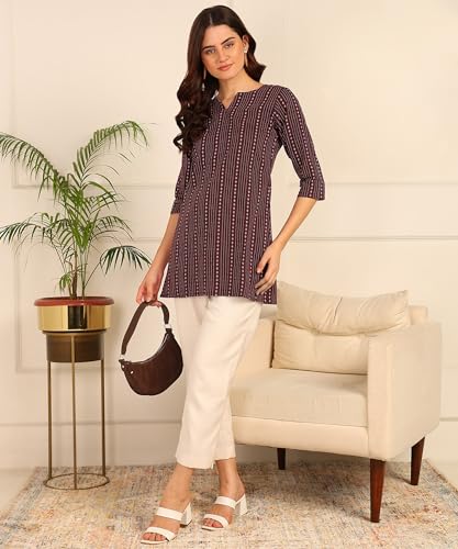 Image of DSK Studio Women's Cotton Short Kurti with Notch Neck Line 3 /4th Sleeves Abstract Pattern Short Length and Regular Fit Pack of 3