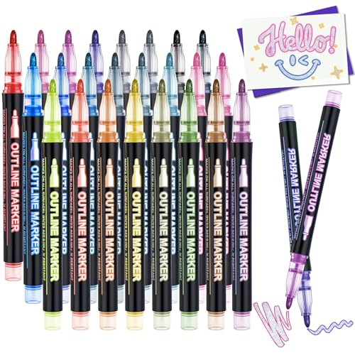 24 Colors Outline Glitter Markers Self Outline Pens Metallic Marker Shimmer Outline Pen Metallic Glitter Gel Pens for Coloring Outline Shimmer Markers Gift Kids Arts Crafts Scrapbook Drawing