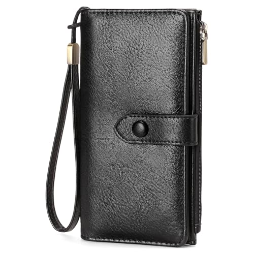 Image of GOIACII Womens Wallets Large Capacity Credit Card Holder RFID Blocking Leather Wallet Wristlet Ladies Clutch Purse Black
