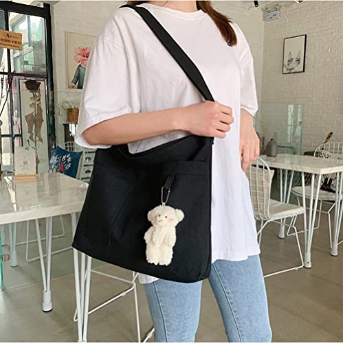 Image of Cotton Tote Handbag Women Canvas Crossbody Beach Bag Hobo Shoulder Tote Bag with 3 External Pocket,Zipper Closure