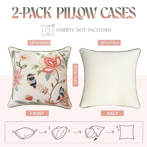 Housse de coussin brodée oiseaux et fleurs roses 45x45 cm pour déco de salon rustic