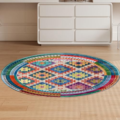 ARUGYTEI Teppich Rund, ø 80 cm, Kurzflor Teppiche fürs Sofa Sessel modernes Zimmerdekor,Bunt Geometrisch Vintage Modern Blau Rot Gelb Grün,Mehrfarbig,