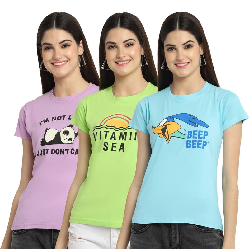 Image of Preneum Women's Cotton Regular Fit Graphic Stylish Printed Short Sleeves Casual T-Shirt || Trendy (Pack 3), Purple & Green & Blue, 2XL