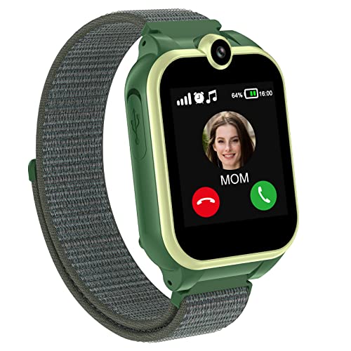 PTHTECHUS Montre Intelligente pour Enfants, SOS Bidirectionnelle Montre Intelligente avec Enregistreur Vidéo 18 Jeux Musique Réveil Lampe de Poche, Cadeaux pour Filles de 4 à 12 Ans, Armée Verte