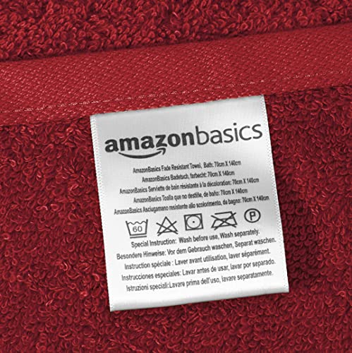 Amazon Basics - paquete de 4 toallas de baño resistentes a la decoloración para baño, 100 % algodón, suaves y absorbentes, 2 Toallas de baño y 2 Toallas de mano, Rojo