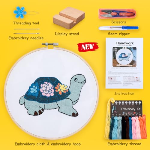 Image of Embroidery Kit for Adult Beginners, Turtle & Flower Embroidery Kit with Step-by-Step Instructions and Video,Printed Cloth,7.87 inch Hoop, Display Stand,Color Threads and Tools for Craft Lover(BED004)