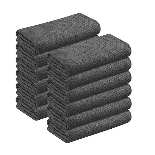 Image of Gray Kitchen Towels - Waffle Weave, 100% Cotton, Soft & Absorbent, Fast Dry, Durable, 16x26 Inches, Perfect for Dish Drying, Bar, Cleaning, and Everyday Use, Set of 12, Grey