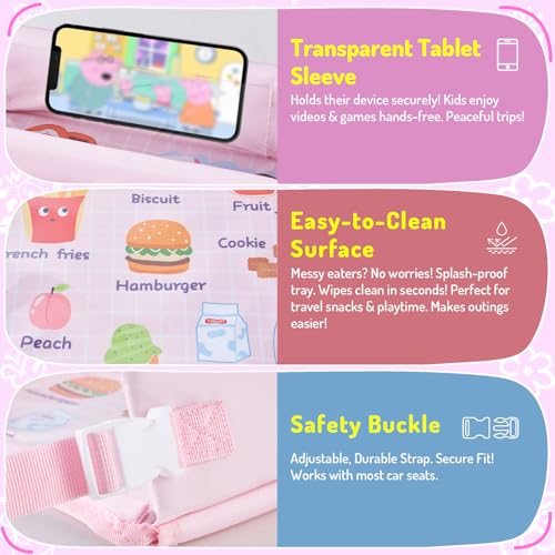 Image of Car Seat Tray for Kids - Toddler Travel Essential Car Activity Table, Waterproof Snack Tray for Eating, Lap Desk Organizer, Airplane Travel Essentials, Girl Boys Car Accessories - Pink