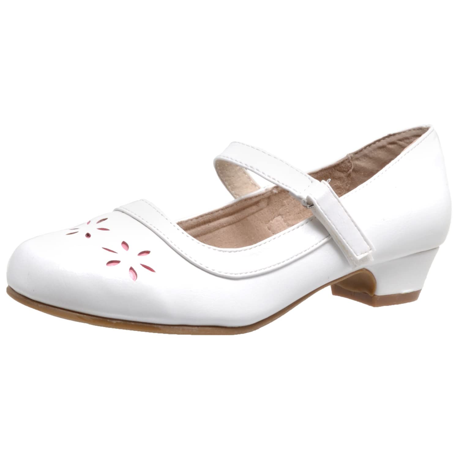 SOBEYO Girls' Dress Shoes Mary Jane Low Heel Flowers Cut Out Accents Leather Lining Insole Comfortable Memory Foam Cushion Wedding Party Princess Pump