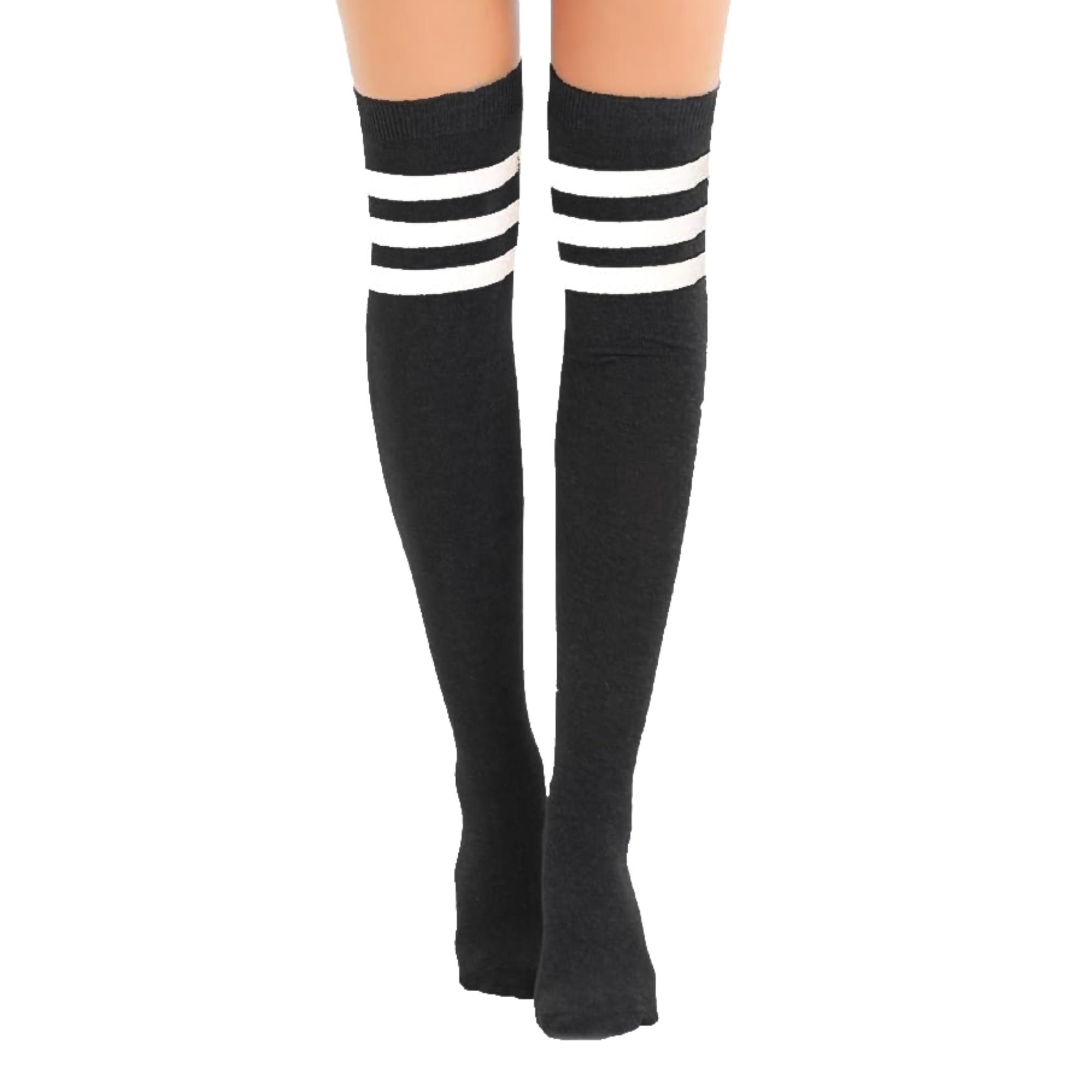 Fna Fashions Women's White 3 Stripe Black Referee Otk Socks Fna Fashions® Over The Knee Socks – Thigh High Cotton Socks | Long, Soft & Stretchy Boot Socks For & Girls | Plain & Striped Knee High Stockings (White 3 Stripe Black Referee Otk Socks)