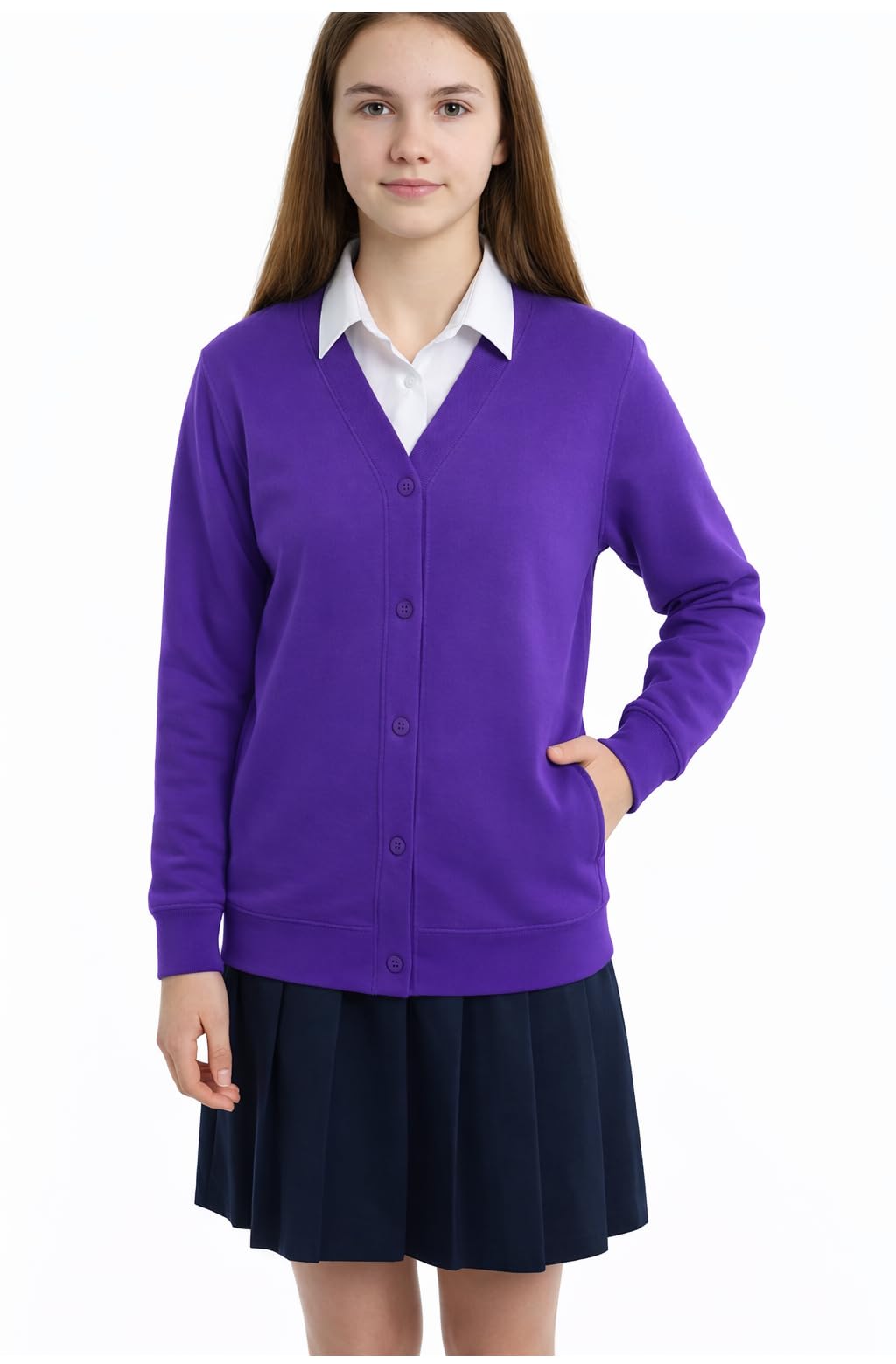INSAFIANS Girls School Cardigan Stretchable Fleece Sweat Shirt with Front Buttons & Pockets (as8, Age, 7_Years, 8_Years, Regular, Purple)