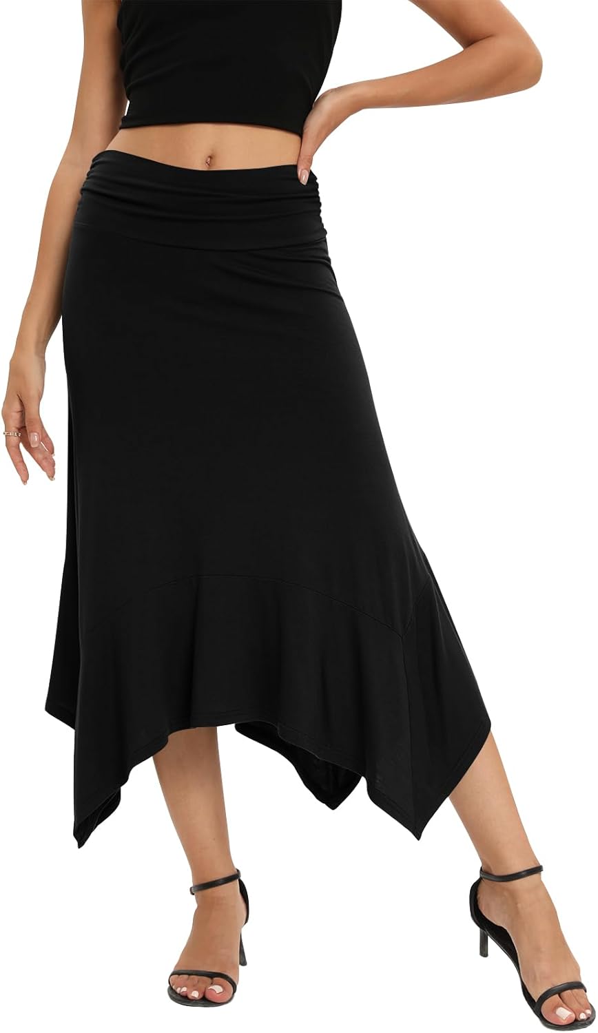 Yincro Women’s Summer Flowy Midi Skirt with Handkerchief Hemline
