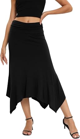 Womens Summer Flowy Midi Skirt with Handkerchief Hemline
