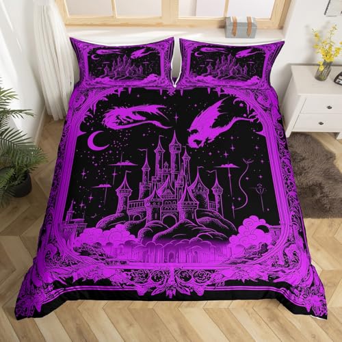 jejeloiu Fairy Dragon Bedding Set Toddler Size Kids, Vintage Damask Castle Comforter Cover Set for Boys Girls, Medieval Fantasy Dragon Vivid Purple Duvet Cover Quilt Cover,No Stuffing