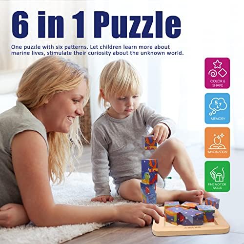 Wooden Block Puzzles for Kids Montessori Toys for Toddlers Educational Preschool Learning Sea Animals Cube Puzzle with Storage Tray - 6 Puzzles in 1 6 51ETBss7tuL. AC