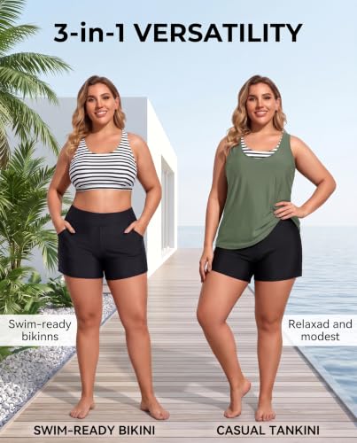 Image of Holipick Women Plus Size Swimsuits - Athletic 3 Piece Tankini with Shorts | Sports bikini top, high waist shorts, tank top, removable pads. Athletic style for water activties