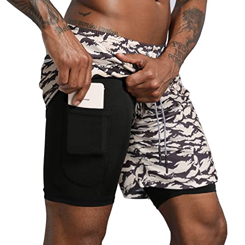 Image of Leidowei Men's 2 in 1 Workout Running Shorts Lightweight Training Yoga Gym 7" Short with Zipper Pockets, Camo Green, Large