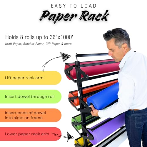 Paper Roll Holder, Dispenser Rack and Cutter - 8 Racks for Large, 36" Butcher, Craft, Gift Wrap & Art Kraft Rolls – Durable, Mobile Rolling Organizer with Ceramic Blade for Classroom, Studio & Retail