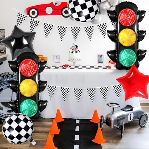 Image of Race Car Birthday Party Decorations with Traffic Light Balloons,Automobile Party Decorations for Kids Include Transportation Light Balloons Checkered Pennant Banner Checkered Balloon